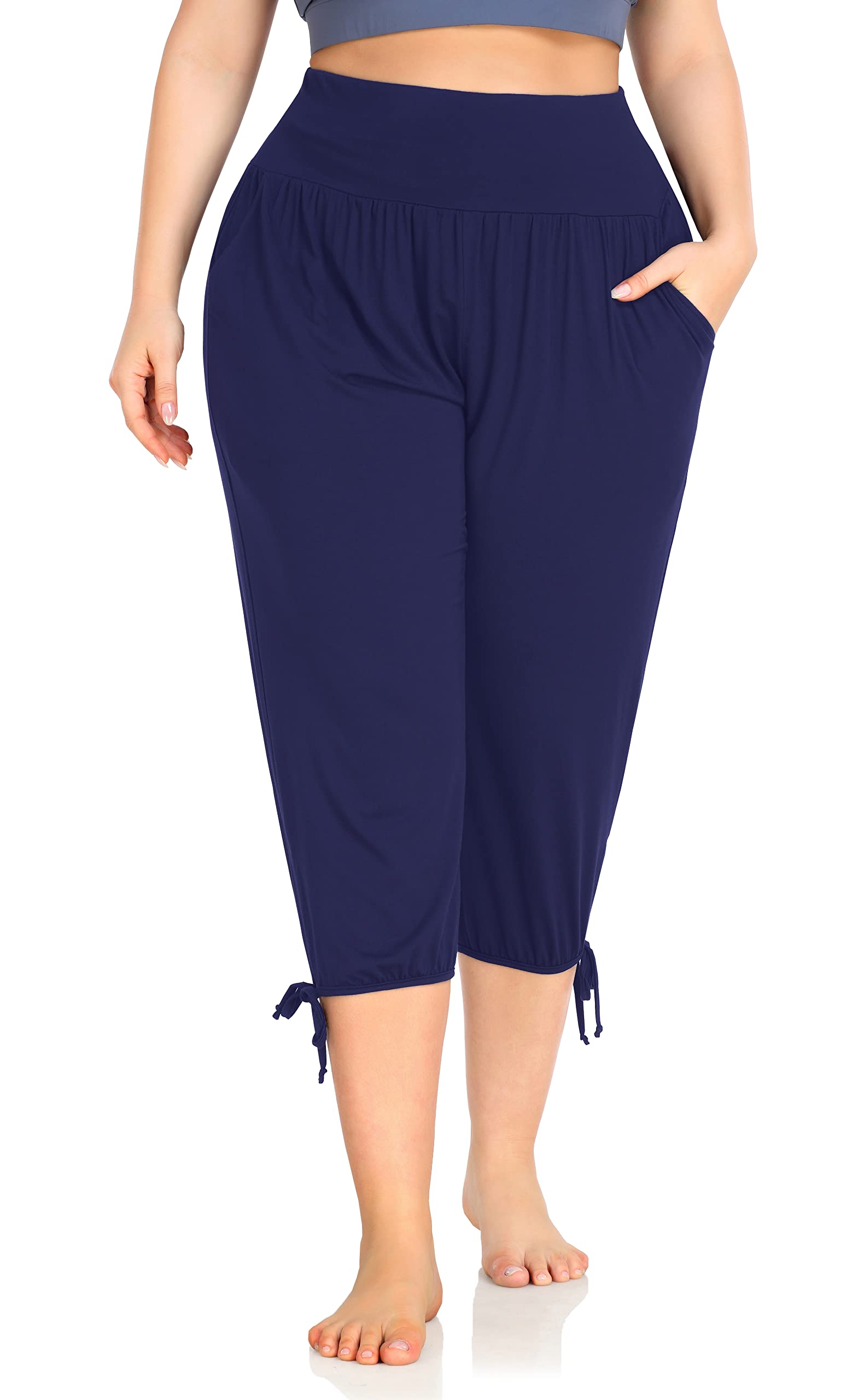 ZERDOCEAN Women's Plus Size Yoga Capri Pants Lounge Indoor Casual Comfy Relaxed Joggers with Pockets Navy 2X