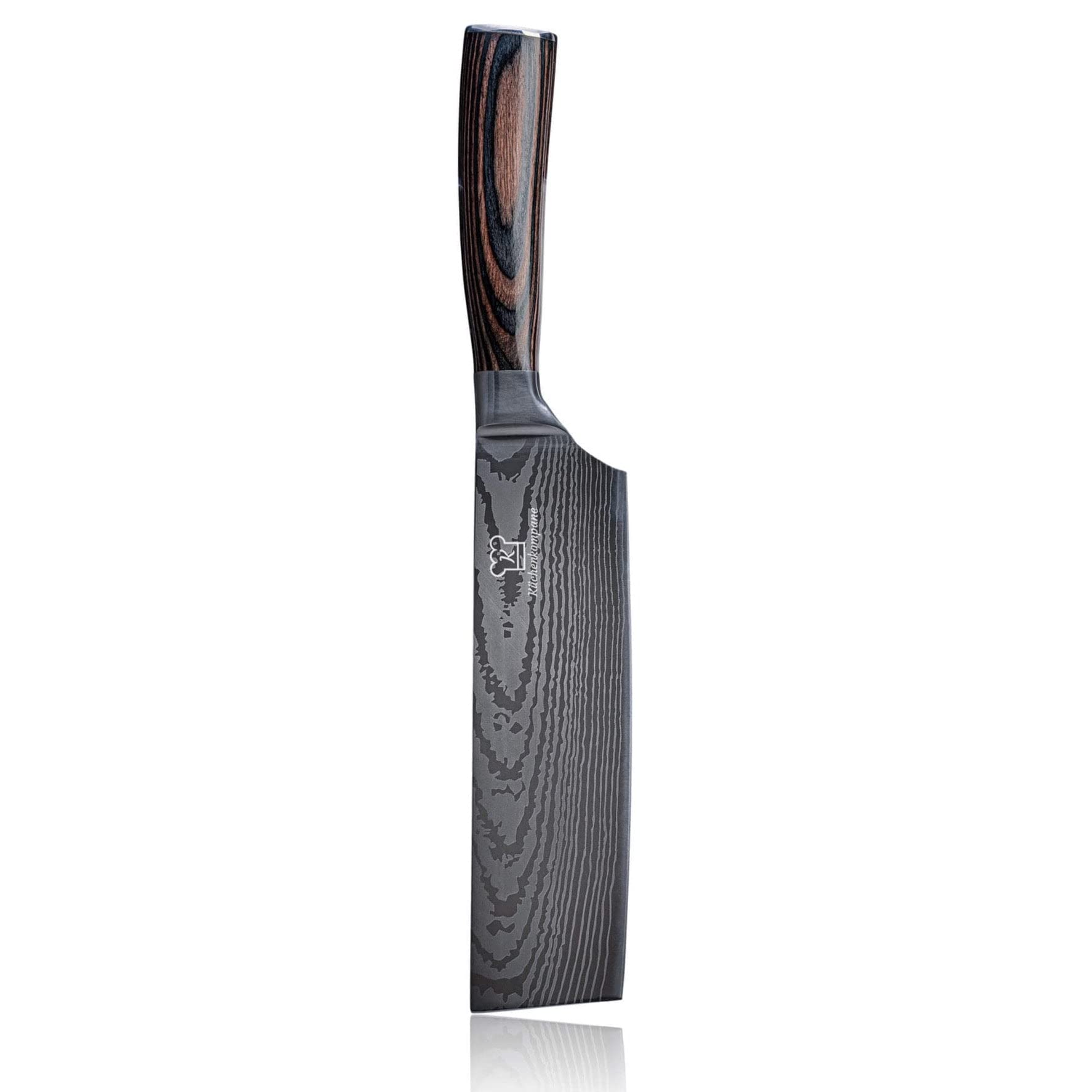 Küchenkompane – asiatisches Nakiri Kochmesser aus 7CR17 Edelstahl mit ergonomischen Pakkaholzgriff inkl. Geschenkbox | Küchenmesser im eleganten Damast Design | rostfrei & scharf | Made in Germany