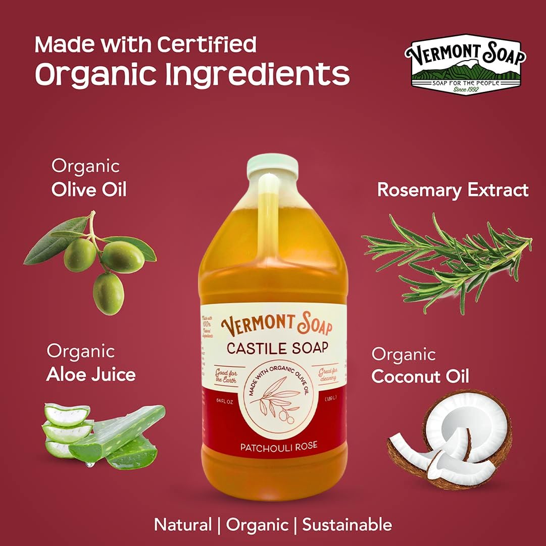 Vermont Castile Soap Patchouli Rose, Gentle Liquid Soap for Sensitive Skin & Natural Body Wash, Organic Hair Shampoo for Oily Hair, Aloe Castile Soap for Men & Women - 64 Oz - Image 5