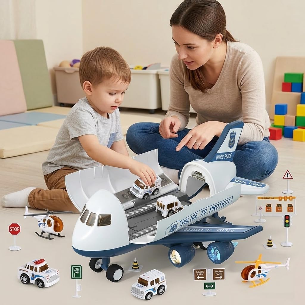 Avión jugue Grande, Recargable, con 4 coch de aleación y señal, Regalo para niños 4+ años, Avión de policía con 4 Coches