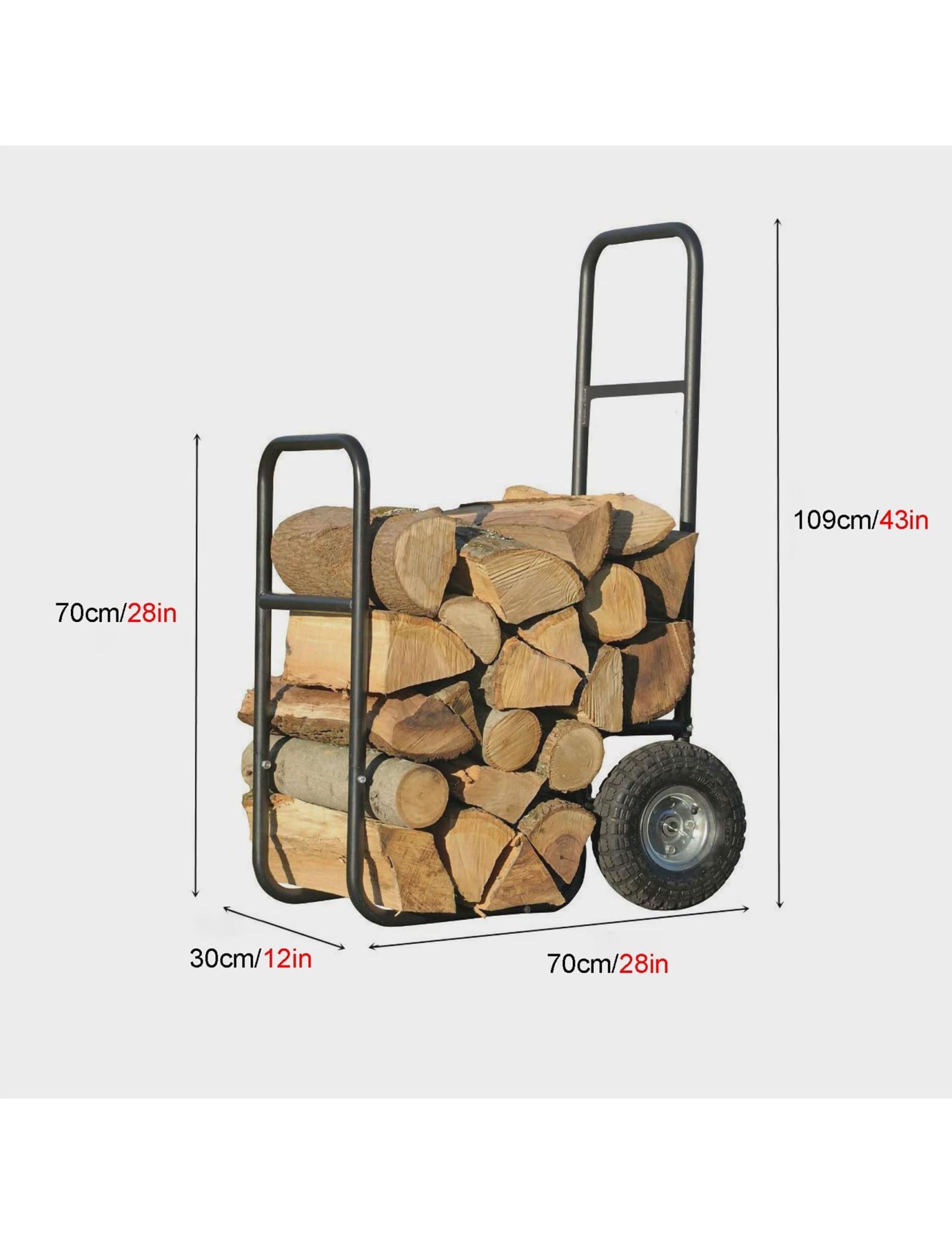 Carrello per legna da ardere con ruote, carrello per legna resistente, ruote in gomma per interni ed esterni, carrello per legna in ferro e supporto per legna da ardere per camino