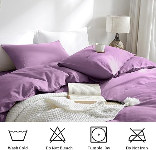 Miniatura 6 de TUMEI Juego de funda de edredón 100% lino, tamaño King, 3 piezas, funda de edredón y 2 fundas de almohada, tamaño King, color lila básico