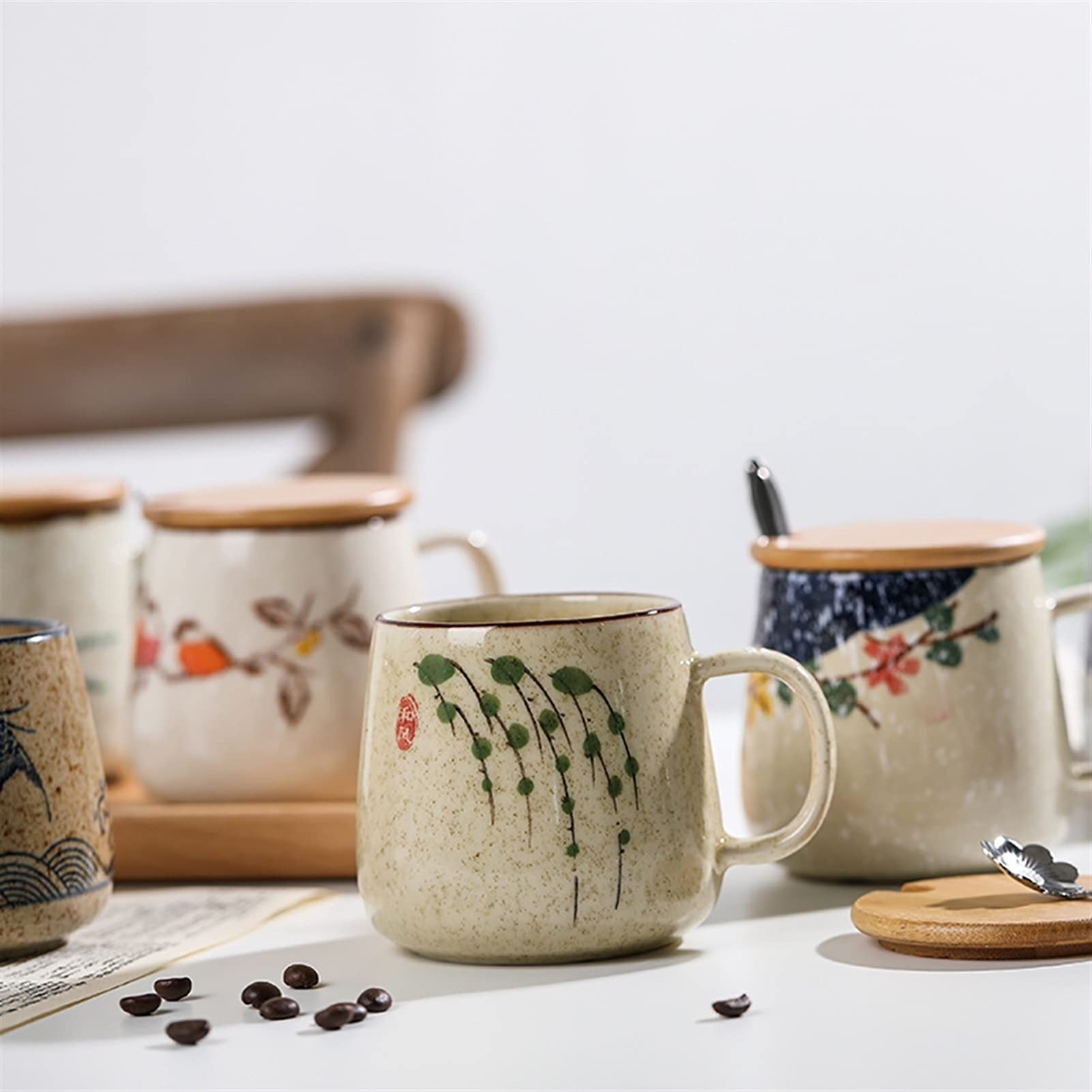 Taza de café, Taza de té, Taza de café, Tazas de cerámica de Estilo Retro japonés único, Taza de Desayuno de Porcelana esmaltada con Cambio de Horno de 380ml/12,9 Oz (A)