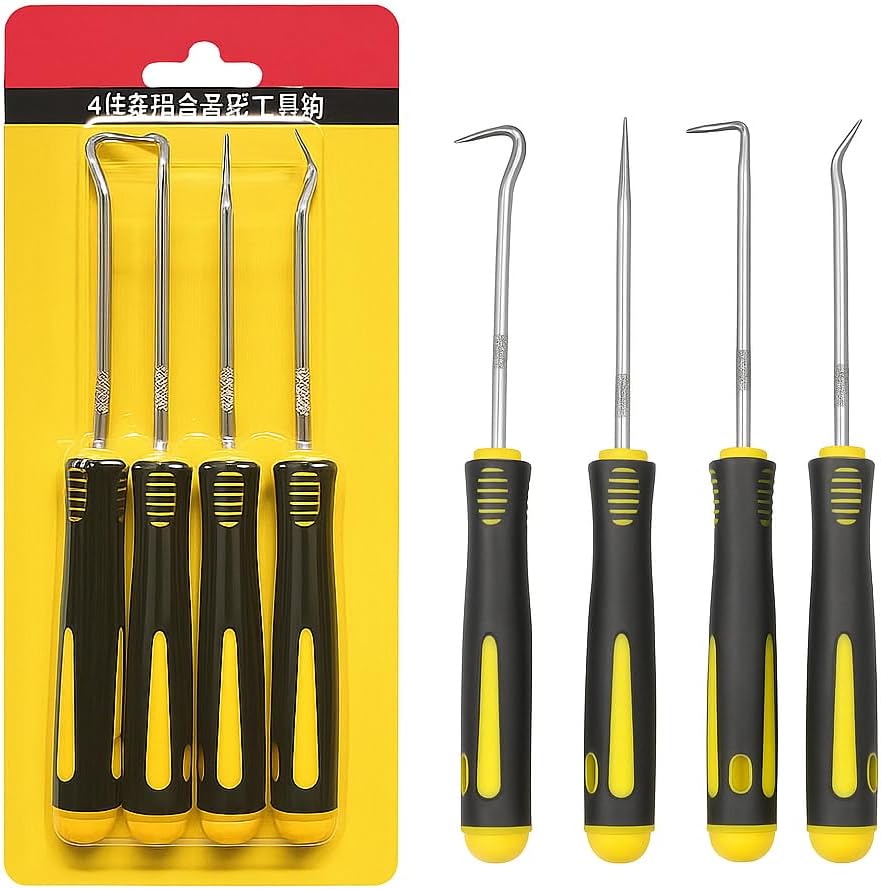 4 PCS Precision Pick and Hook Set, Heavy Duty Pick Set Mechanic Tools with Non-Slip Handle, for Automotive, O-Ring, Seal, Gasket Removal– Blue/Yellow/Red (Yellow)
