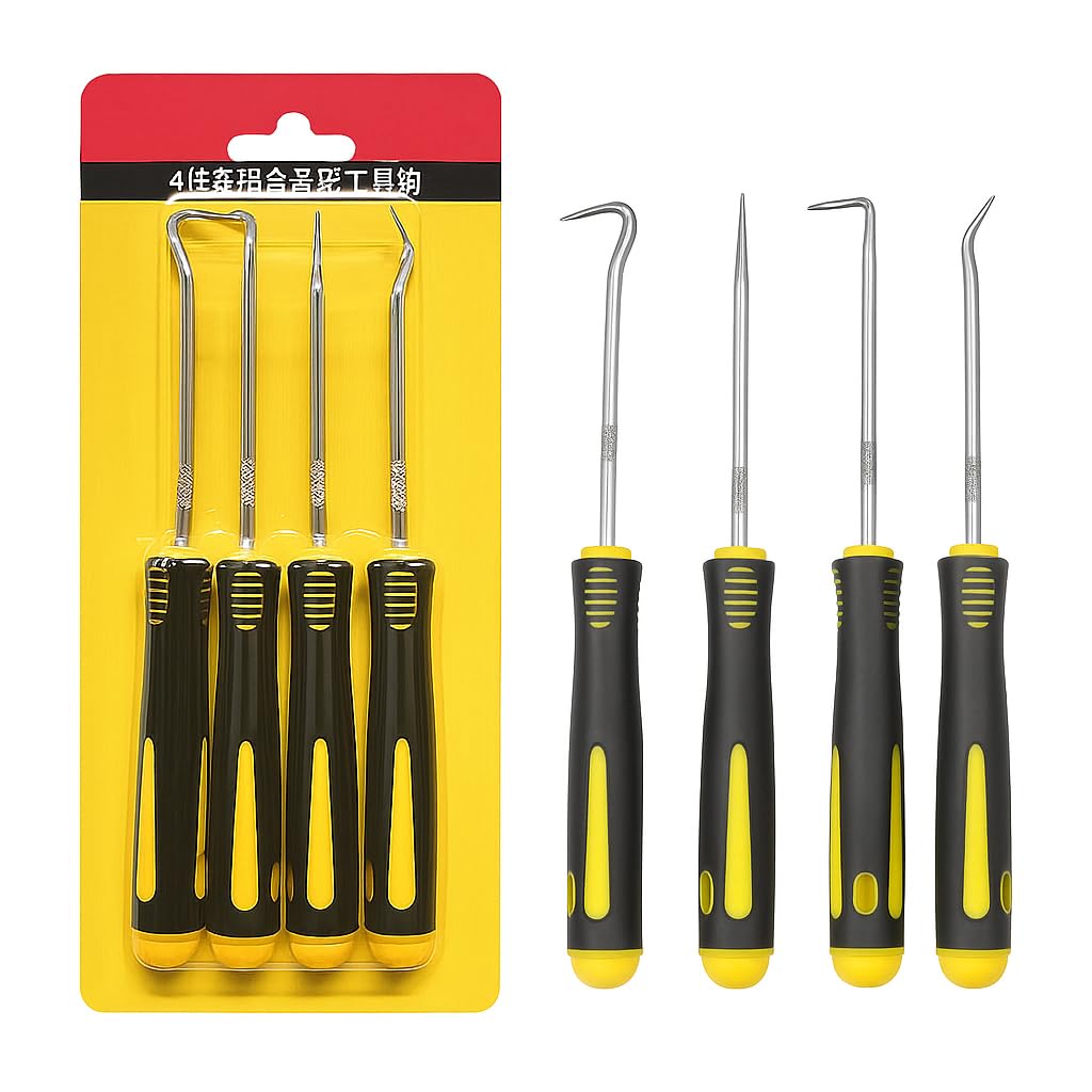 4 PCS Precision Pick and Hook Set, Heavy Duty Pick Set Mechanic Tools with Non-Slip Handle, for Automotive, O-Ring, Seal, Gasket Removal– Blue/Yellow/Red (Yellow)