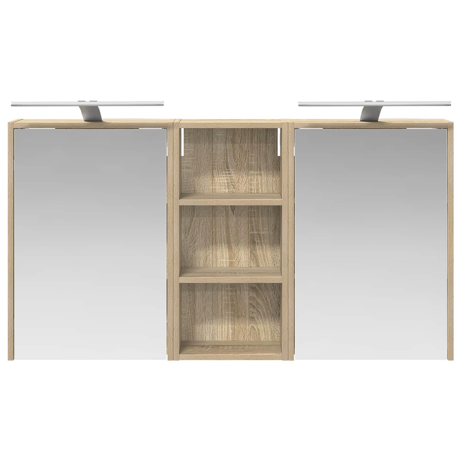 Zestaw szafek łazienkowych z materiału drewnopochodnego 3-częściowy 116 x 16 x 62,5 cm z oświetleniem LED, dwudrożne lustro, montaż na ścianie, miejsce do przechowywania, meble łazienkowe