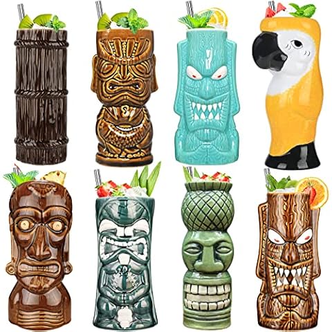 SuproBarware Tiki-Tassen Set,8-teiliges Cocktailgläser-Set Bunte Keramik-Cocktailbecher Kreative Hawaii-Party-Becher-Dekoration Cover