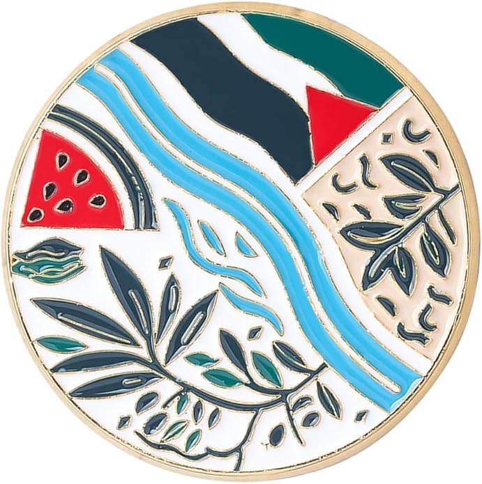 Decorative Palestine Peace Enamel Pin Round Watermelon Design Gold Plated Metal Blue Green White Red 1.38 Inch