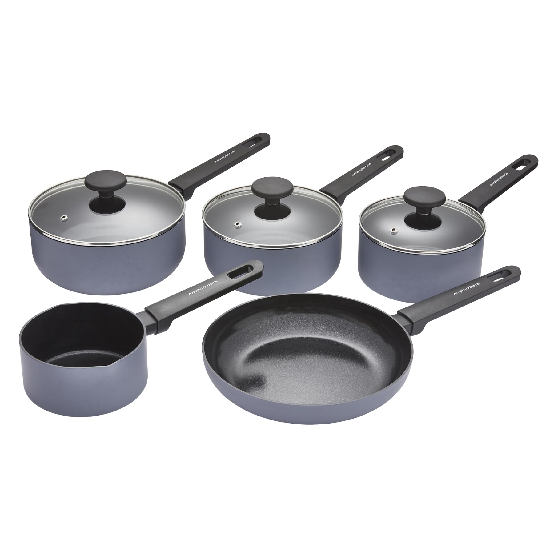 Morphy Richards 5-Piece Saucepan Set, Recycled Aluminium, 14cm Milk Pan, 23cm Frying Pan, 16cm, 18cm & 20cm Saucepan, Non Stick Coating, Soft Touch Handles, Suitable for All Hobs, Grey