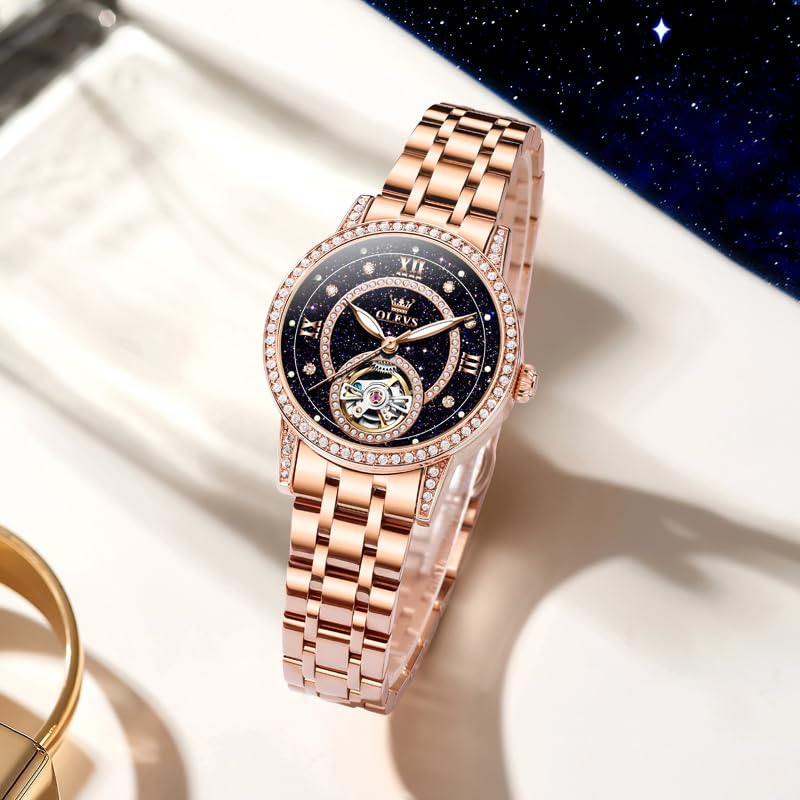 OLEVS Women’s Watch Automatic Diamond Tourbillon Luxury Fashion Stainless Steel Waterproof Luminous Wrist Watches for Ladies Gift Rose Gold/Starry Sky Blue/Silver2
