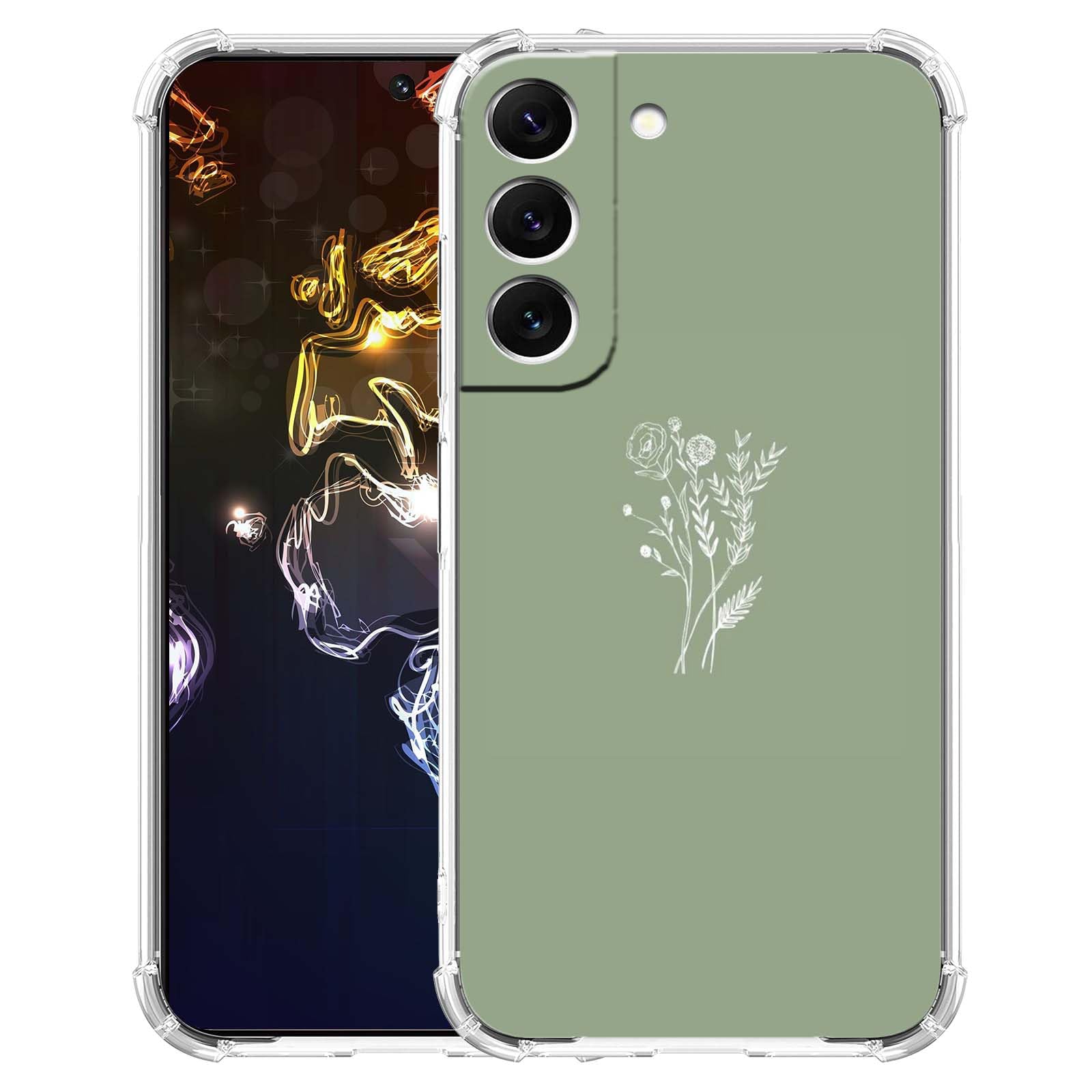 malegaon Green Flower Case for Samsung Galaxy S22,Aesthetic Abstract Minimalism Floral Pattern,Soft TPU Full Cover for Galaxy S22