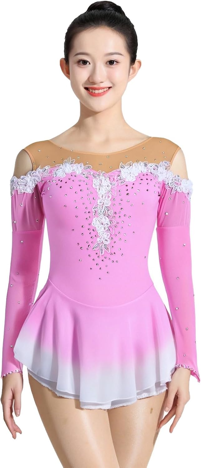 Fashion Girl Women Handmade Long Sleeve Figure Skating Dress Breathable Training Wear