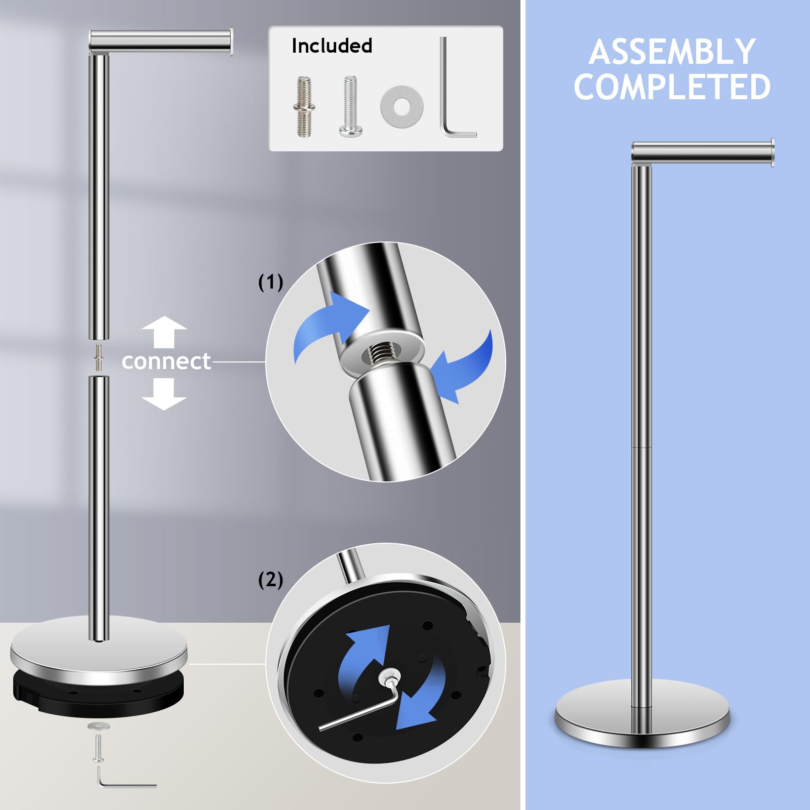 TACGEA Toilet Paper Holder Stand, Free Standing Paper Roll Holder, Silver — Amazon image 4