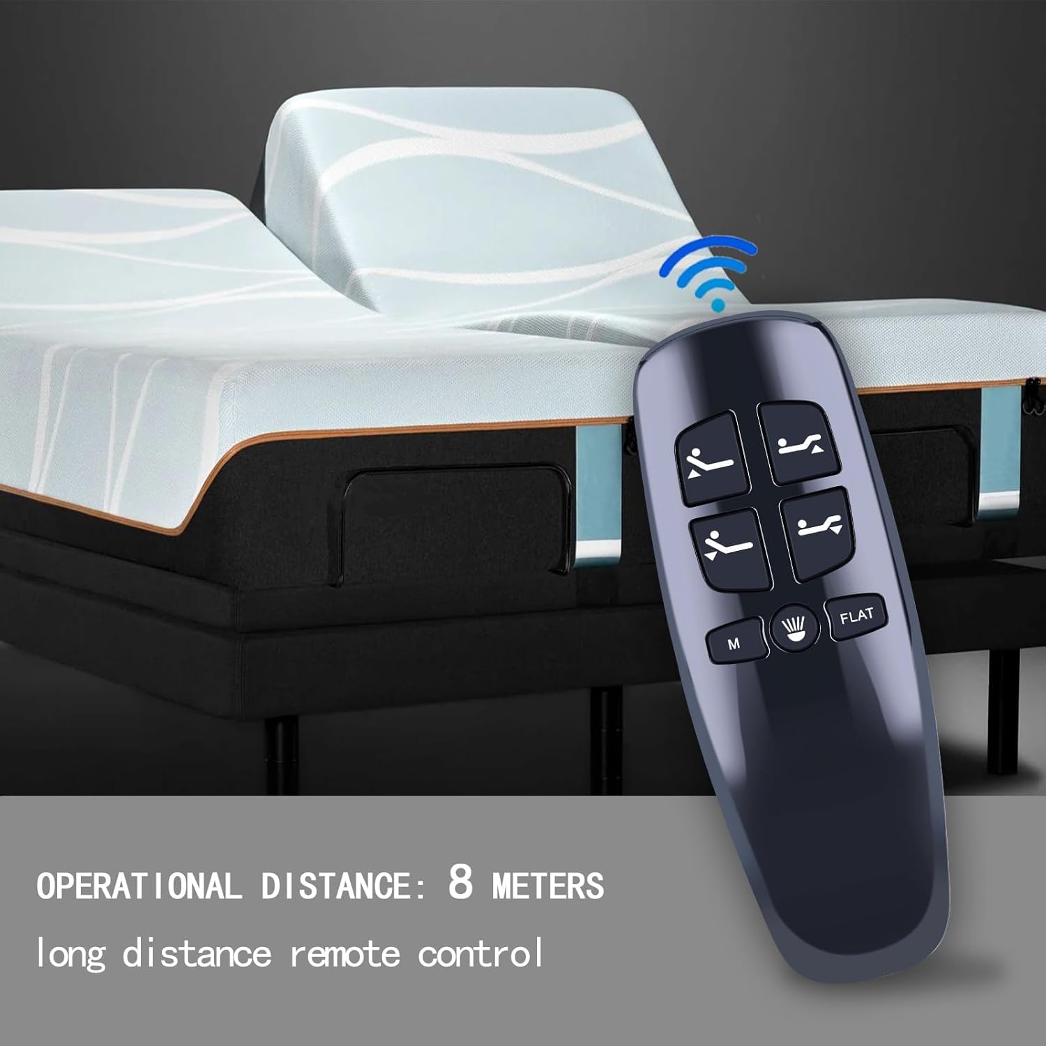 Remote control being used with an adjustable bed, showing operational distance