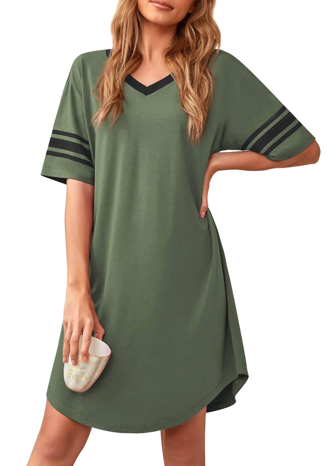 Actcat Damen Nachthemd Sexy Schlafshirt T-Shirt mit V-Ausschnitt Kurzarm Nachtwäsche Nachtkleid aus weichem Stoff Freizeitkleid Nachthemd Damen Kurzarm Schlafkleid Damen,XXL
