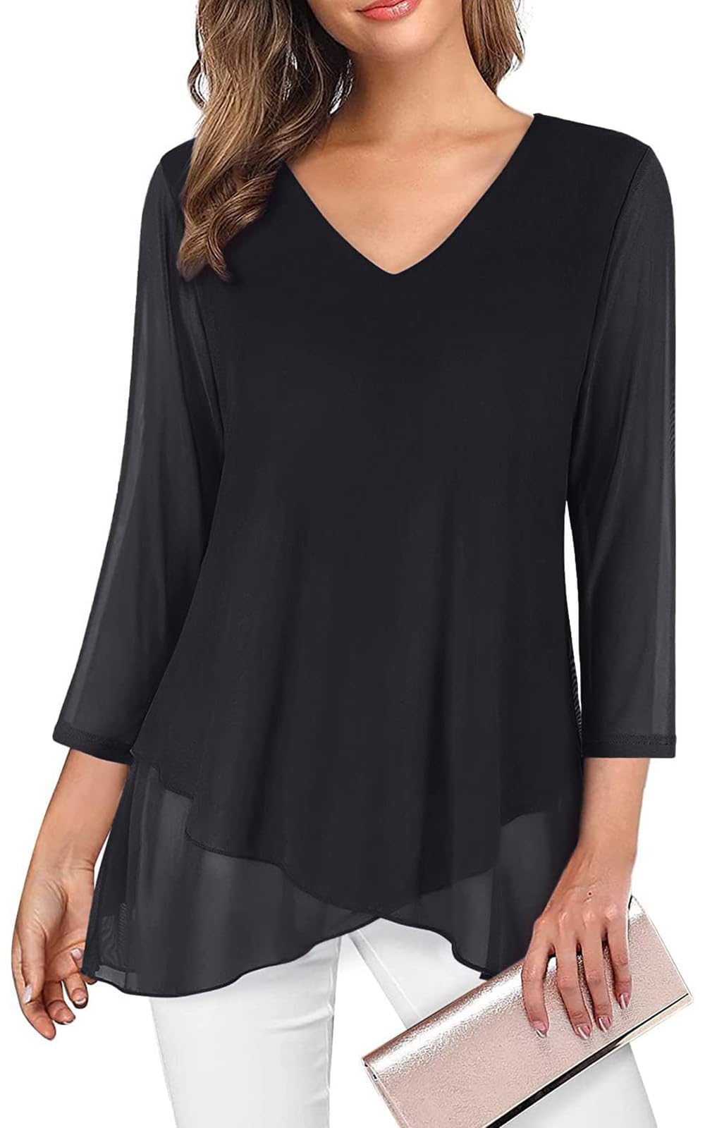 Adigaber Camicie Donna Casual in Chiffon Camicia Elegante di 3/4 Manica a Volant Scollo a V Bluse Leggero Classiaca