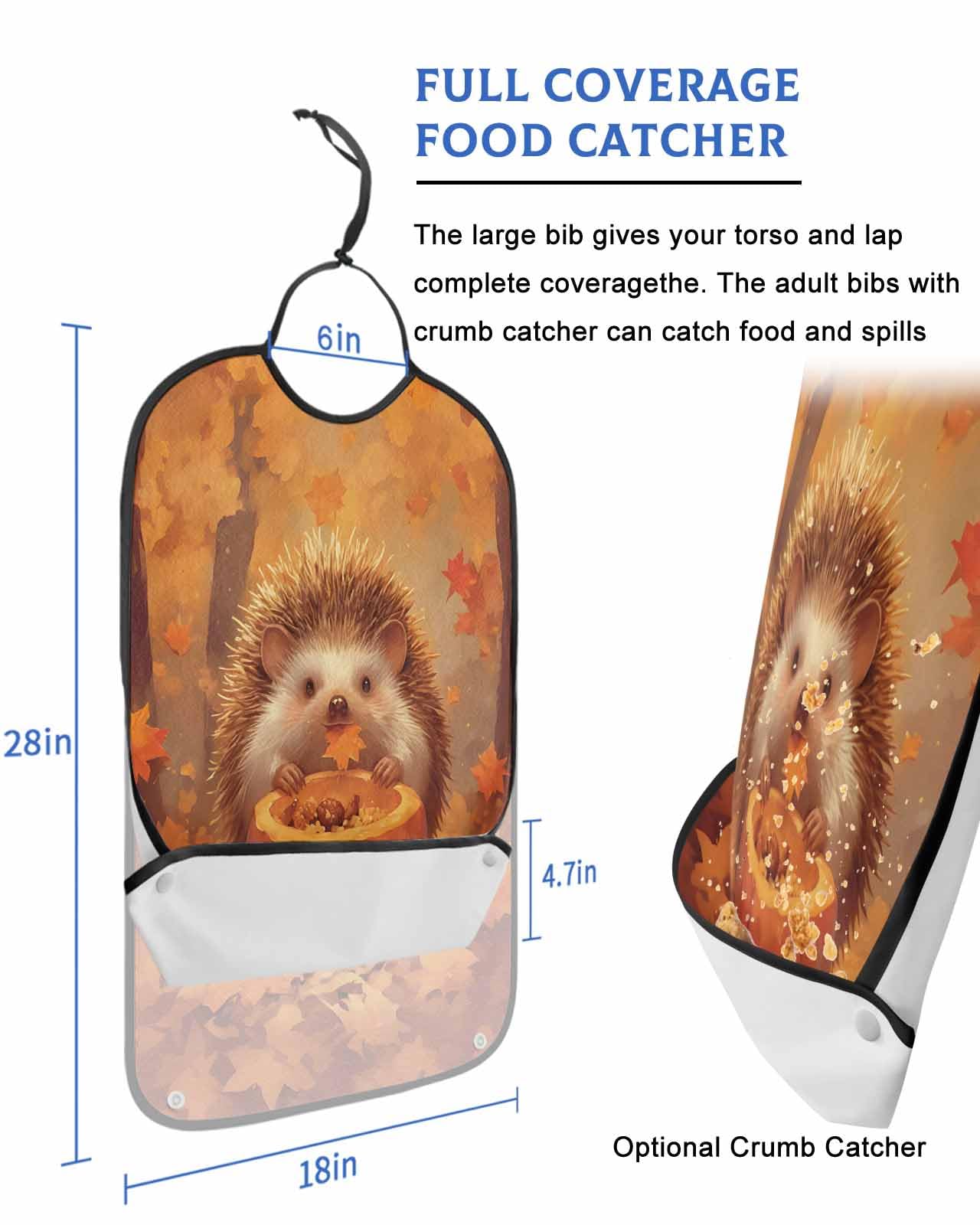 Fall Forest Pumpkin Adult Bib for Adults Men, Women, Orange Autumn Maple Leaves Animal Washable & Adjustable Terry Cloth Bib with Crumb Catcher Reusable Waterproof Clothing Clothes Protector Apron