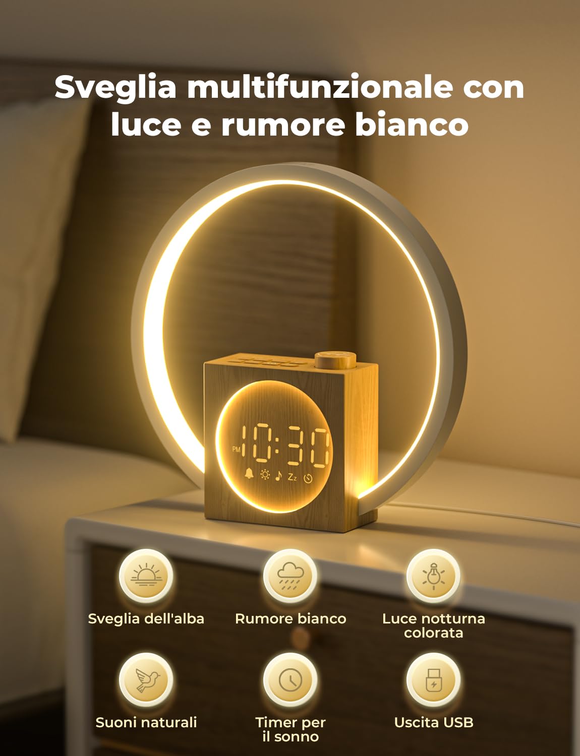 LIORQUE Sveglia Luminosa con Rumore Bianco, 30 Suoni, Alarma Snooze | Timer Spegnimento, Volume e Luminosita Regolabili, Luce Notturna Colori Dinamici, Adattatore Incluso