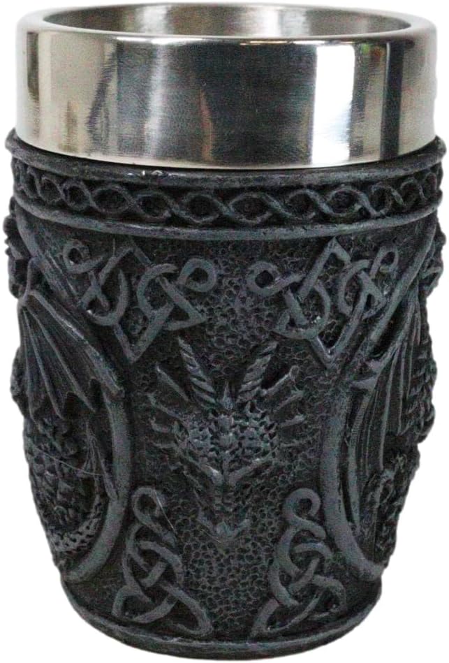 Ebros Gift Set Of 2 Gothic Fantasy Voyage To The Moon Rune Dragon With Celtic Knotwork Drinkware Barware Shooter Shot Glasses Halloween Accent Resin With Stainless Steel Cup Liner