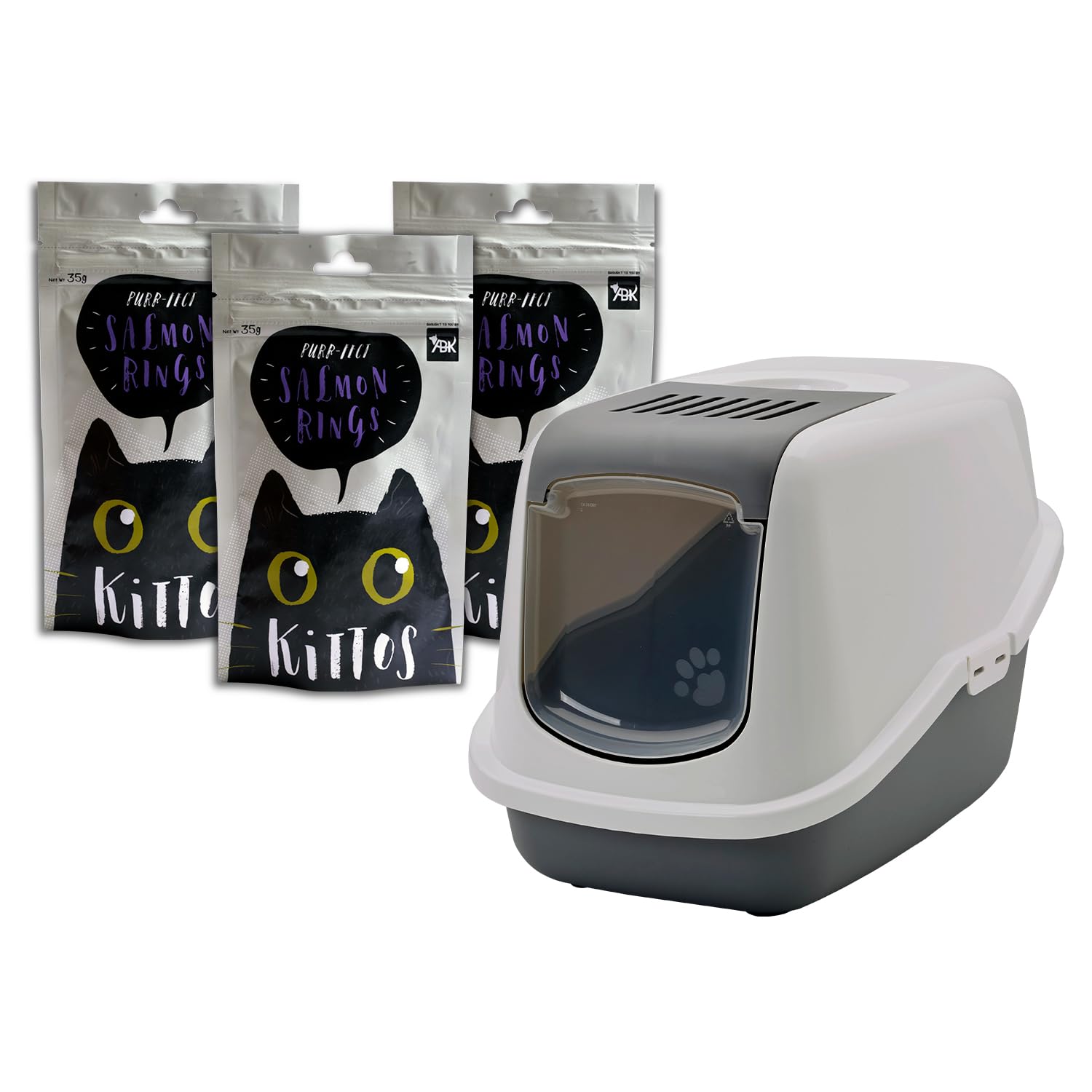 Combo of Durable and Lightweight Savic Nestor Cat Toilet Home, Cold Grey-15 inches and Kittos Salmon Rings Cat Treat, 35 g (Pack of 3)