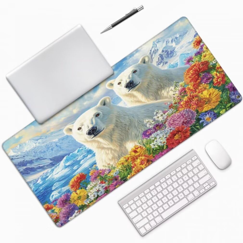 Tappetino Mouse XXL 1000x500mm Orso Polare Grande Mouse Pad, Tappetino Scrivania con Bordi Cuciti, Grande Mousepad Gaming con Base Antiscivolo per Giocatori, Ufficio e Casa (Floreale) -MP1592