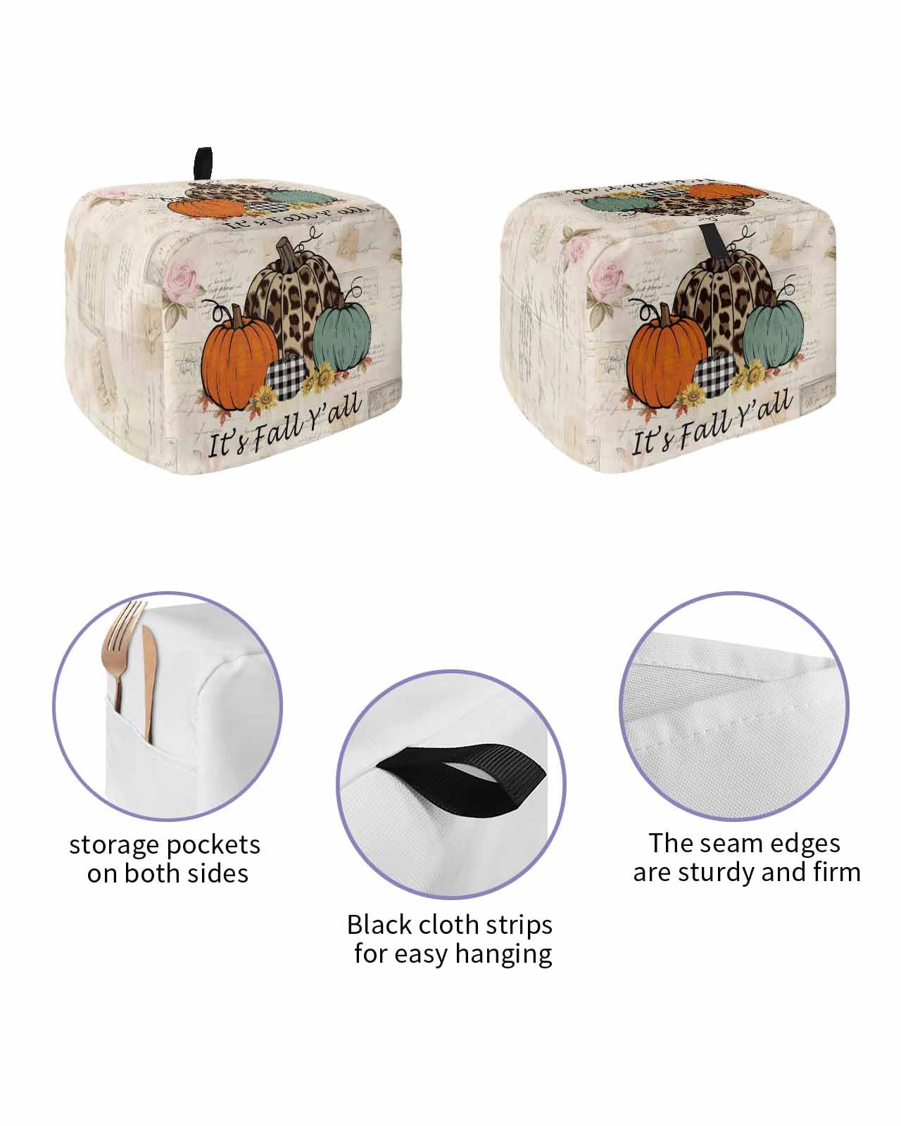 It's Fall Y'all Toaster Cover 4 Slice, Retro Pumpkin Chrysanthemum Bread Maker Dust Cover with Pockets for Kitchen Small Appliance 12x11x8in