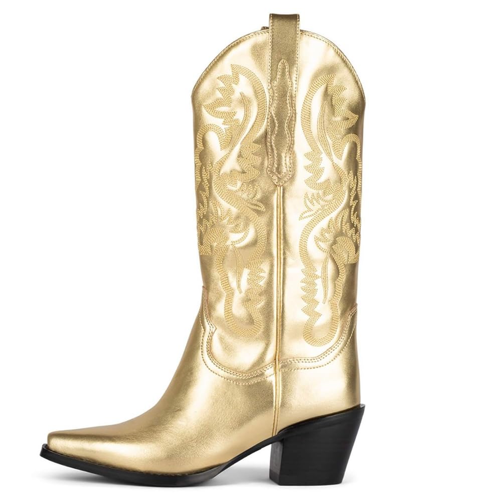 ErocalliErocalli Women's Cowgirl Boots Cowboy Boots Vintage Pointed Toe Chunky High Heel Pull On Western Boots Embroidery Mid Calf Boots