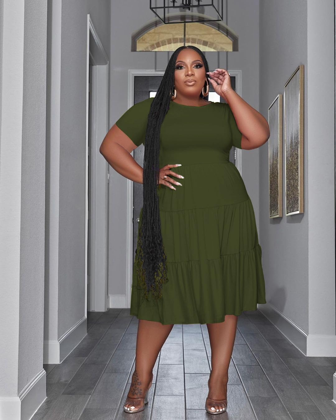 Women's Plus Size Casual Midi Dress Summer Short Sleeve Beach Dress Swing Flowy Tiered Dresses - Image 4