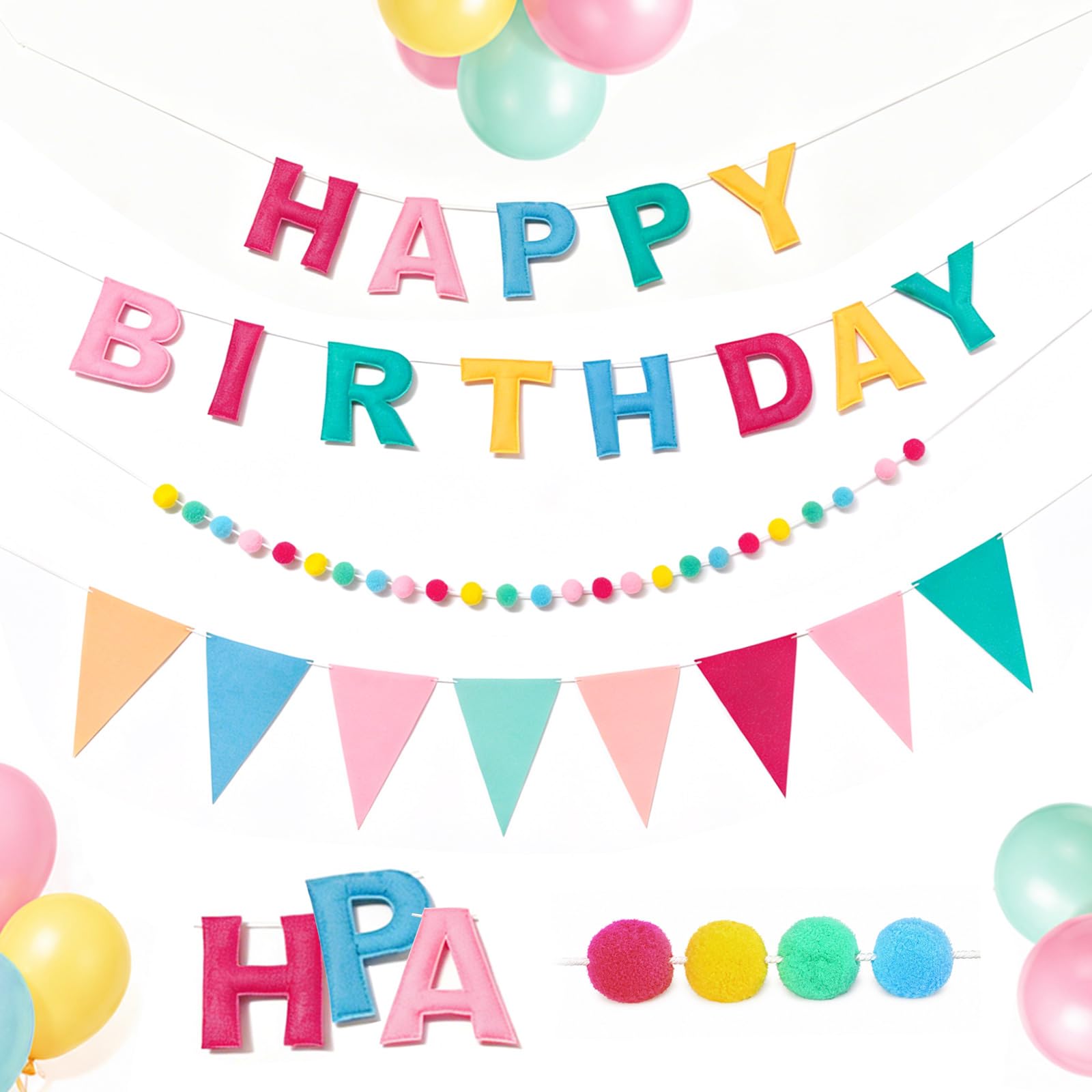 Reusable Felt Happy Birthday Banner, Felt Ball Garland Pre-Strung 3D Felts Fabric Banner Handmade Letters & Balls Happy Birthday Garland Personalized Party Sign Photo Prop for Birthday Decor, Pink