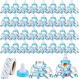 62 Pcs 3.5 Inch Baby Mini Milk Bottle Baby Shower Favor with 500 Adhesive Thank You for Showering Stickers, Small Plastic Bear Candy Bottle with Ribbon for Boy Girl Newborn Baptism Party Decor (Blue)