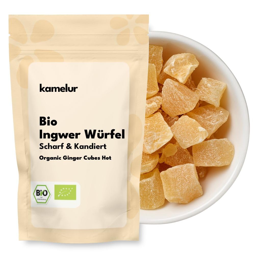 1kg di cubetti piccanti di zenzero BIO: cubetti di zenzero canditi e zuccherati della migliore qualità biologica, piacevolmente piccanti e senza solfiti