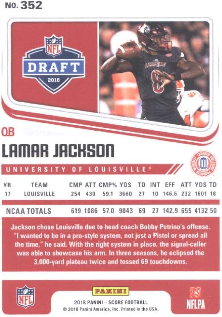 2018 Score #352 Lamar Jackson Louisville Cardinals Rookie NFL Football Card NM-MT
