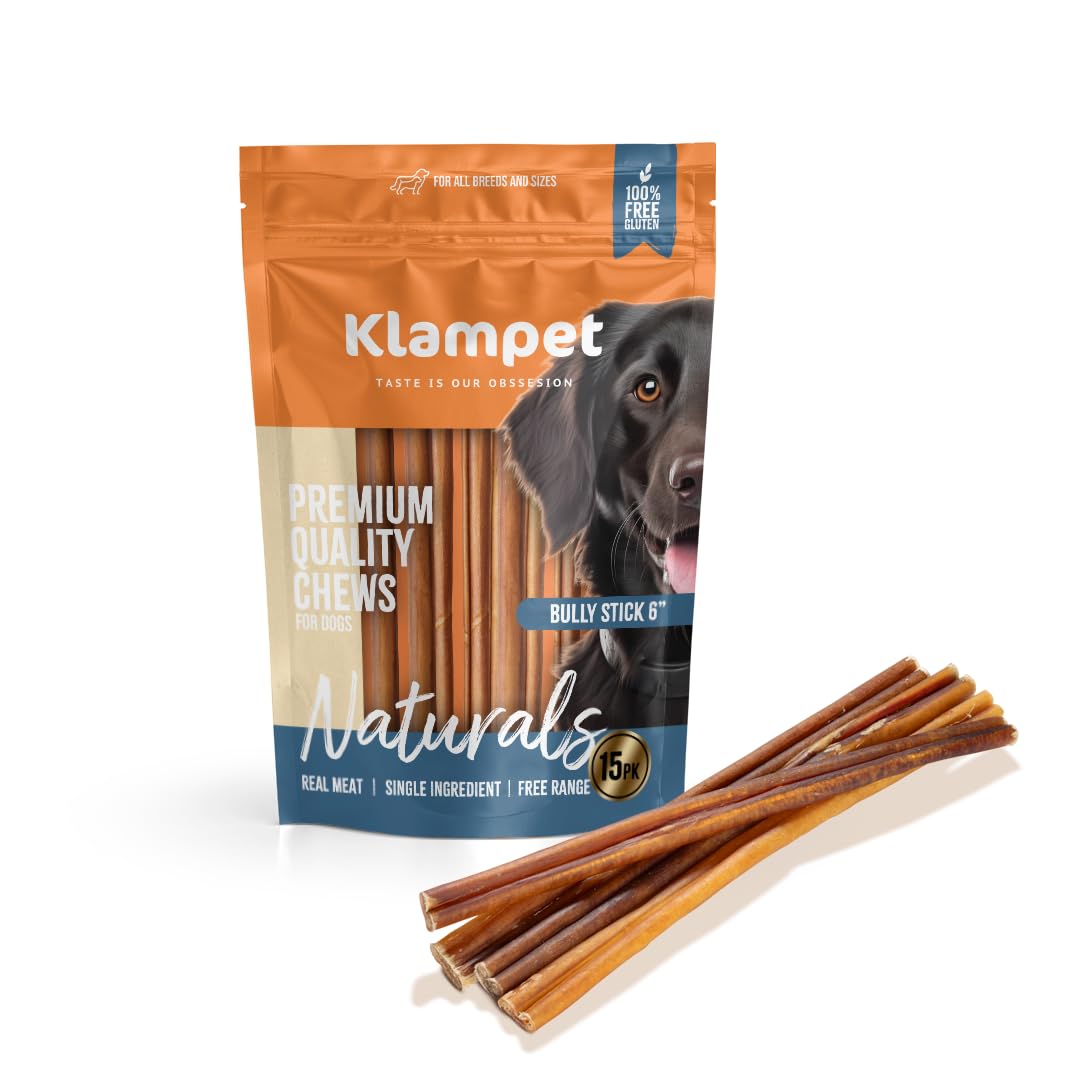KLAMPET NATURALS Bully Sticks for Dogs – 6" (15 Pack) 100% Natural Single-Ingredient Beef Dog Chews – Long-Lasting, Low Odor & Fully Digestible –