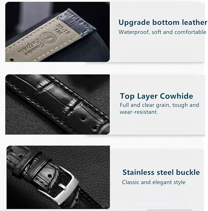 BINLUN Horlogeband van echt krokodillenleer, reservearmband, snelsluiting, waterdicht, 10 kleuren, 13 maten, voor mannen en vrouwen, gesp naar keuze, goud/roze/goud/zilver (10-24 mm), Leer, Geen