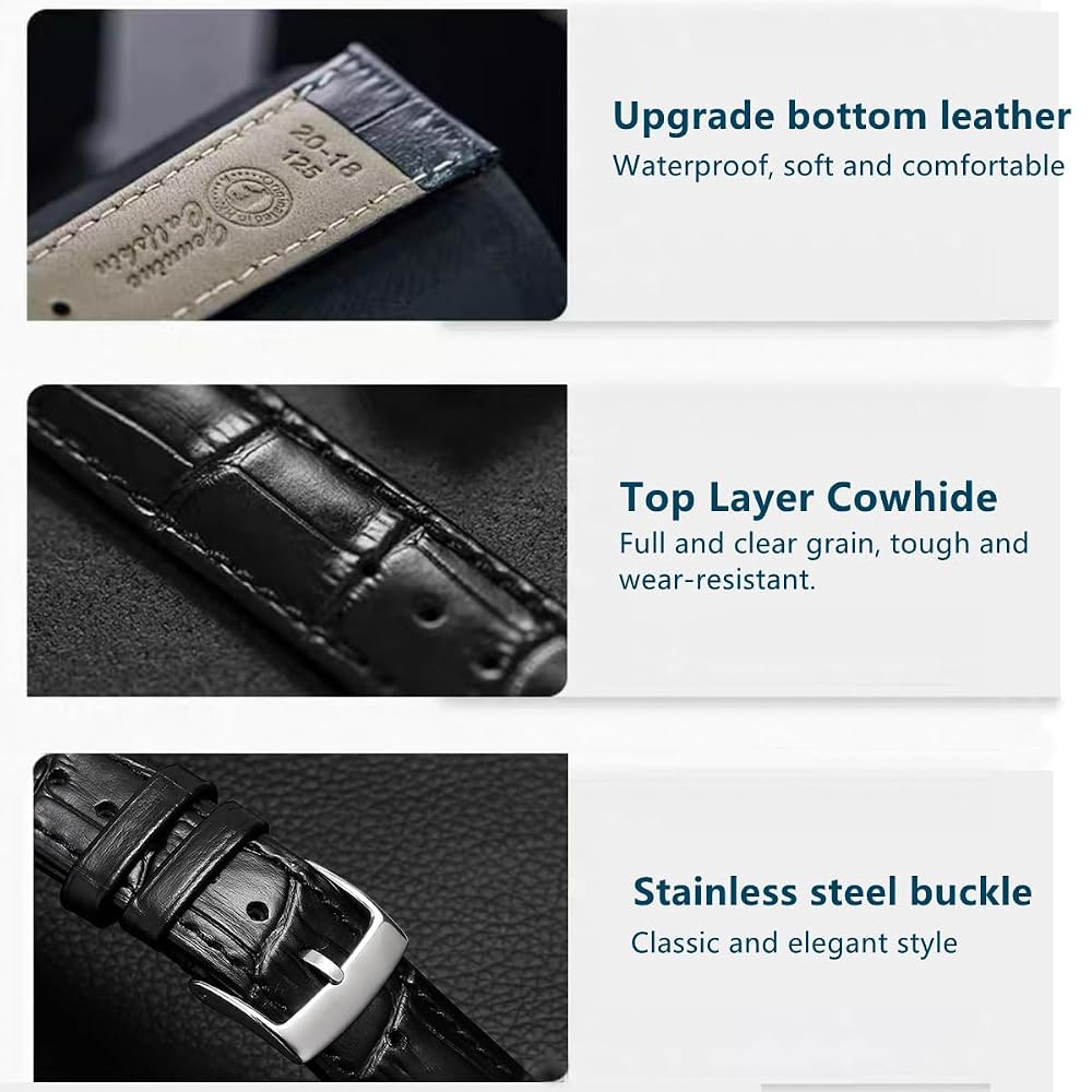 Bracelet De Montre En Cuir Alligator Avec Boucle Acier - Sangle De Rechange Confortable Et Élégante