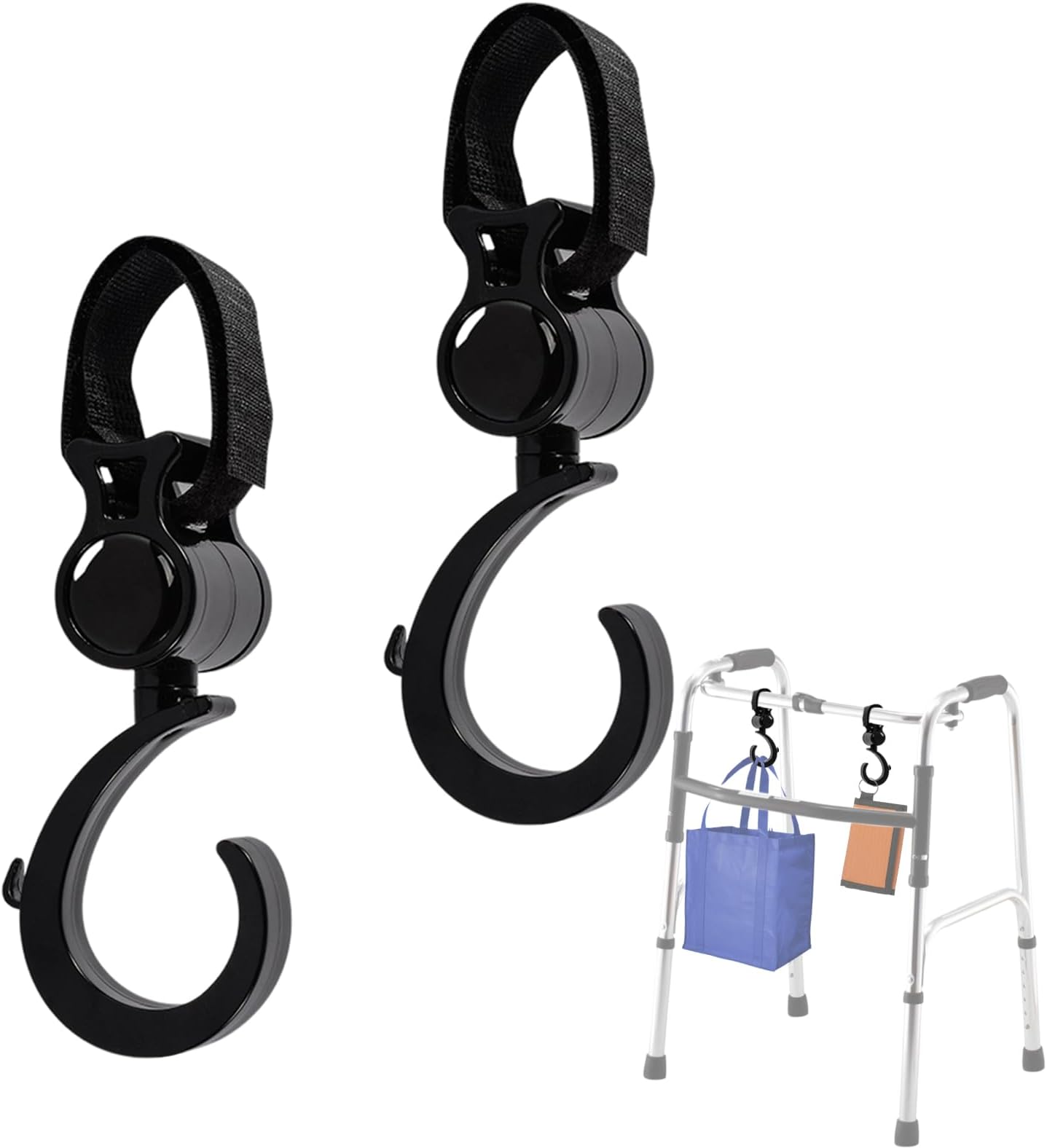 Walker Hook Hanging, 360° Rotating Stroller Clip for Rollators, Wheelchairs, Crutches - Lightweight Hooks for Elderly & Disabled, 2 Pcs