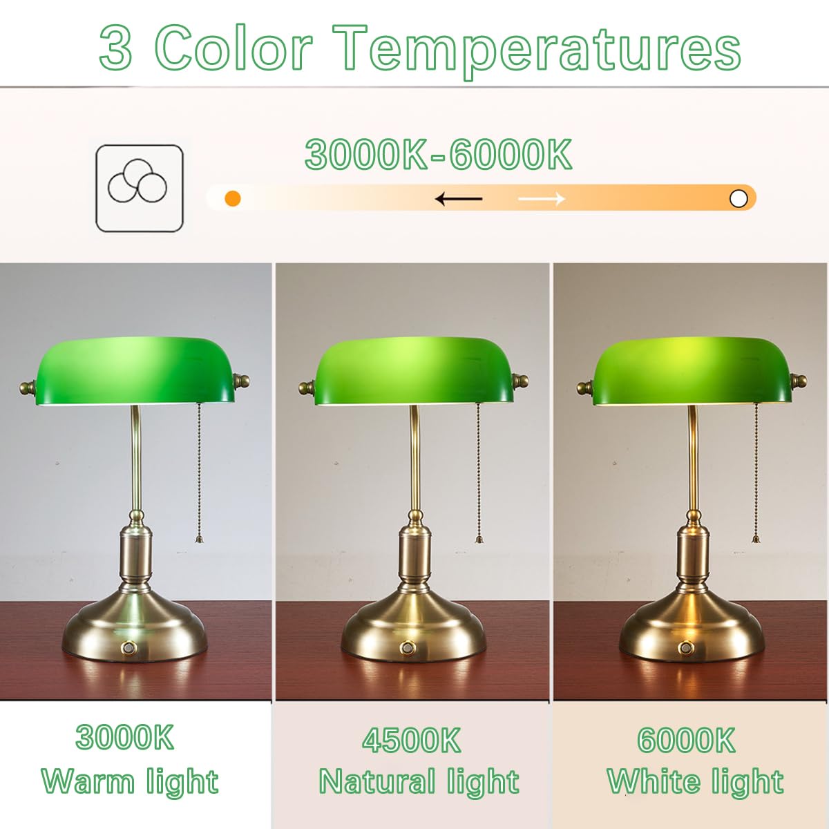 Kabellose Bankerlampe Groß 6000mAh Akku Tischlampe Aufladbar Dimmbare Vintage Nachttischlampe mit Touch-Steuerung und Kettenschalter 3 Farbtemperaturen E27 Tischleuchte Grün Gold Schreibtischlampe
