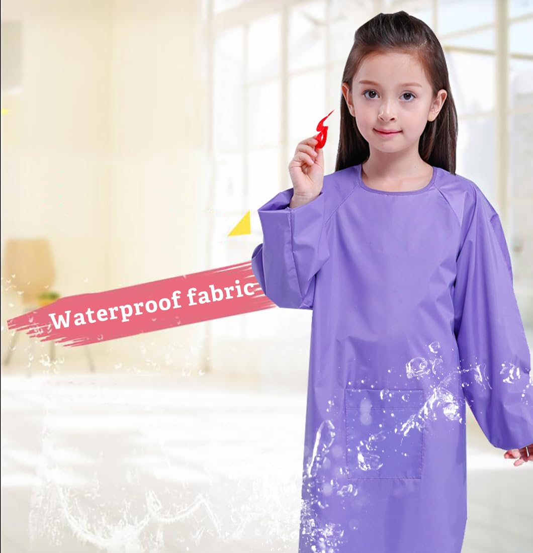 Yiqeenho Kids Art Smock Waterproof Painting Apron Artist Smocks for Children Long Sleeve Smock with Pocket Purple 2XL Fit Height 115-130CM - Image 3