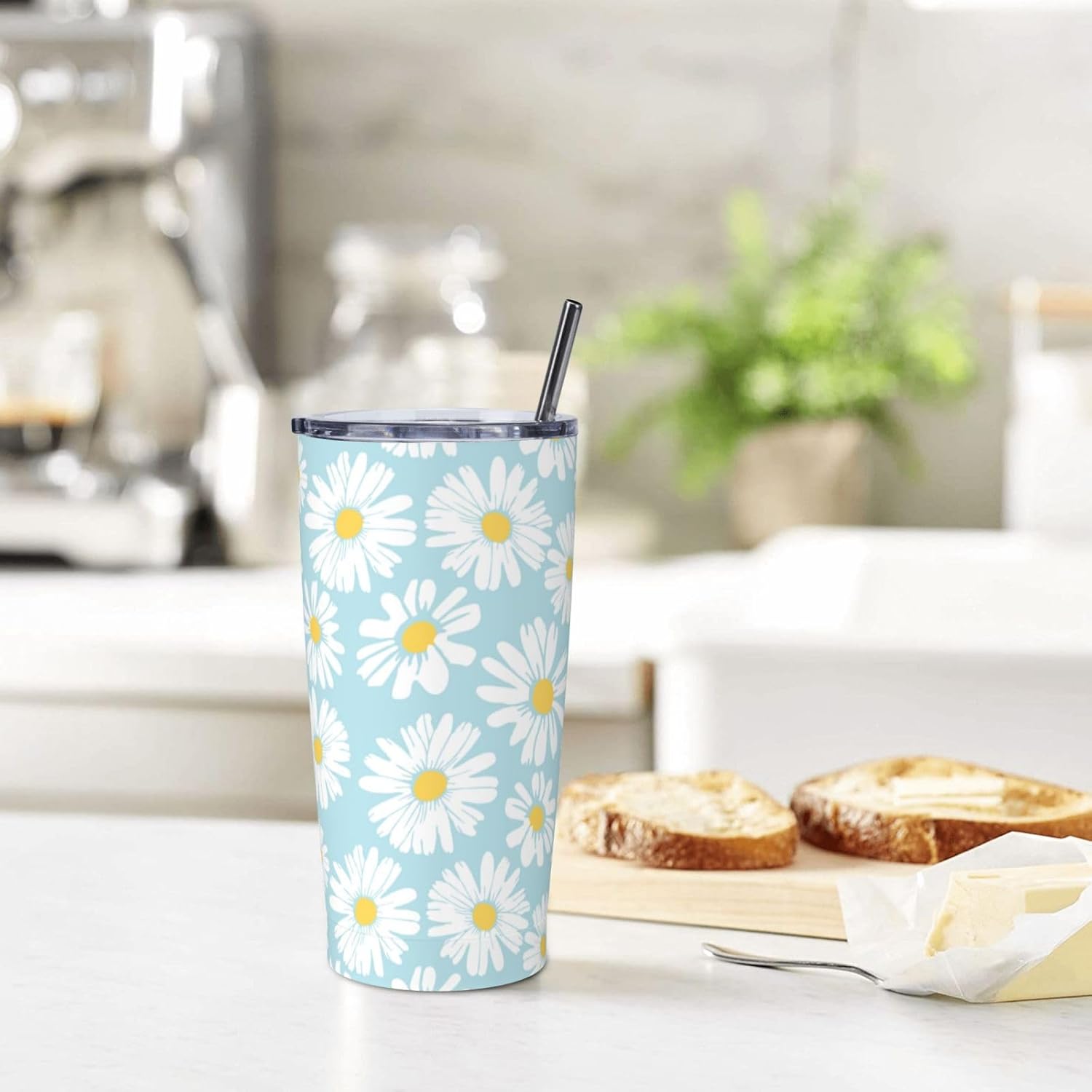 Daisy Flowers Tumbler 20oz Floral Stainless Steel Insulated Tumblers with Lid and Straw Light Blue Travel Coffee Mug Tea Wine Cups Water Bottle Sport Gifts for Women - Image 7