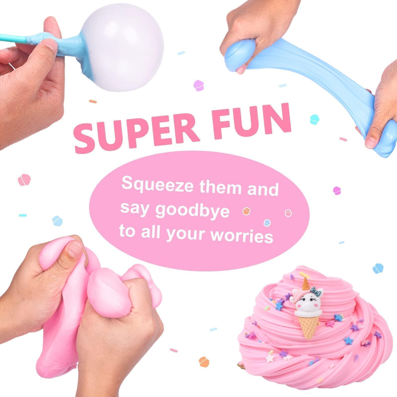 18 Pack Super Soft Fluffy Butter Slime Kit, with Candy, Ice cream, Fruit, Cute Slime Fun Charms, Scented Slime Party Favor Gifts for Girls and Boys, DIY Putty Slime Toys for kids