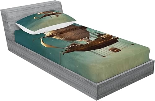 Miniatura 18 de Ambesonne Juego de sábanas bajeras y fundas de almohada con diseño de gato durmiendo en luna creciente, estrellas, sueños nocturnos, juego de ropa