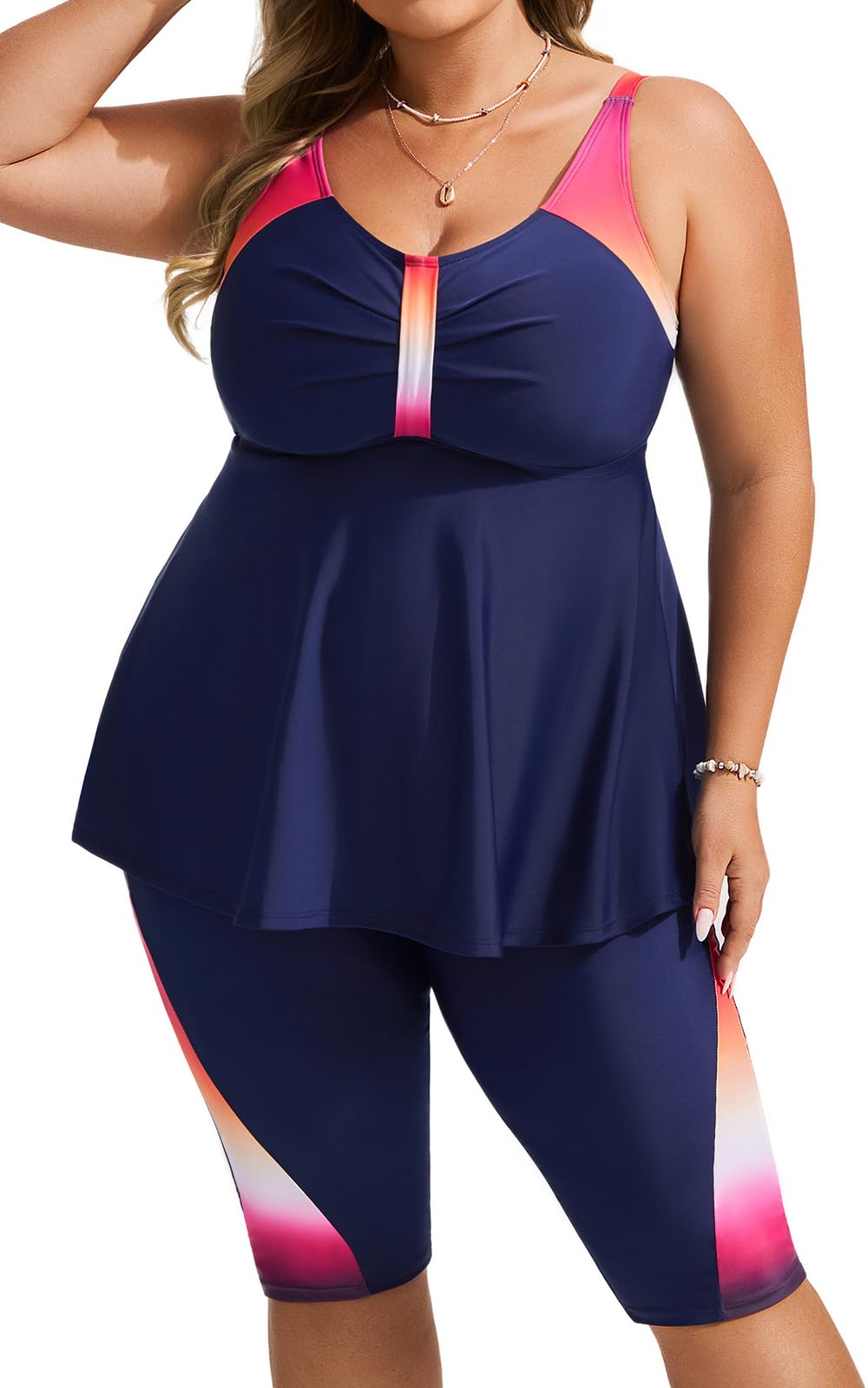 Women's Plus Size Tankini Swimsuits Two Piece Bathing Suit Flowy Rash Guard Swimwear with Capris Shorts-image-48
