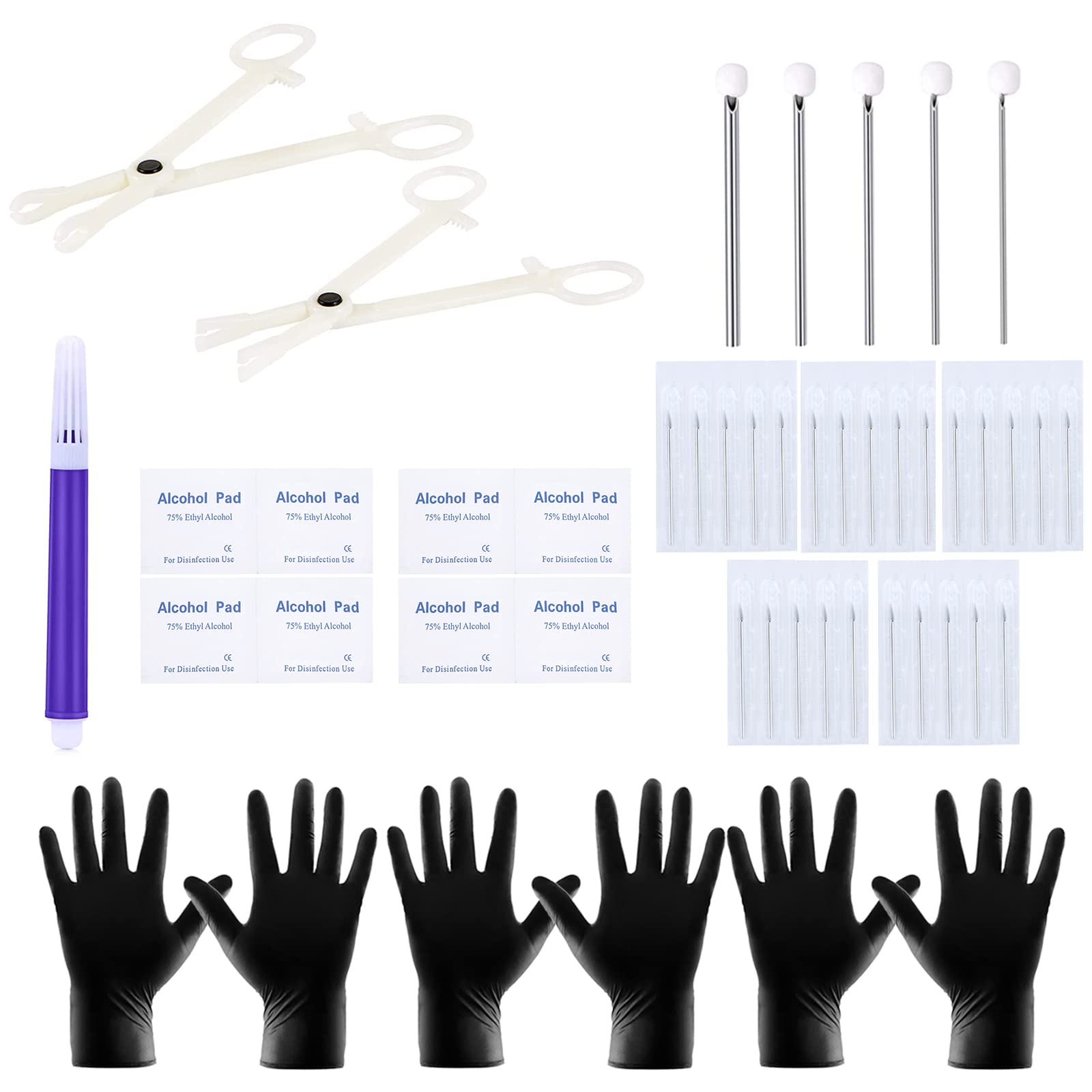 Piercing Kits Ear Nose Belly Eyebrow Piercing Needles 12G 14G 16G 18G 20G Stainless Steel Piercing Kit Piercing Clamps Gloves Piercing Tools for New Piercing.