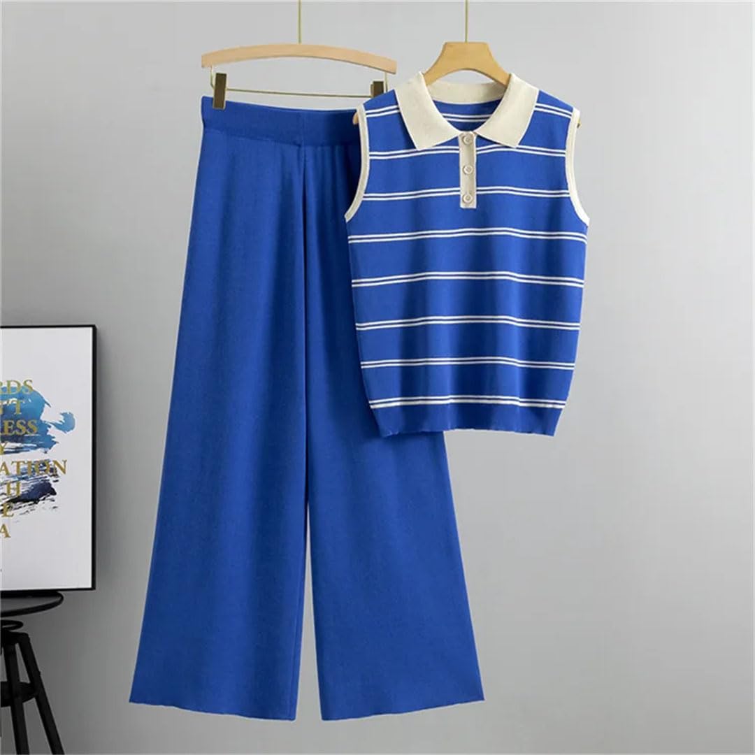 Top a righe da donna in maglia con colletto a polo senza maniche set da 2 pezzi maglieria maglione tee abiti a vita alta gamba larga pantaloni