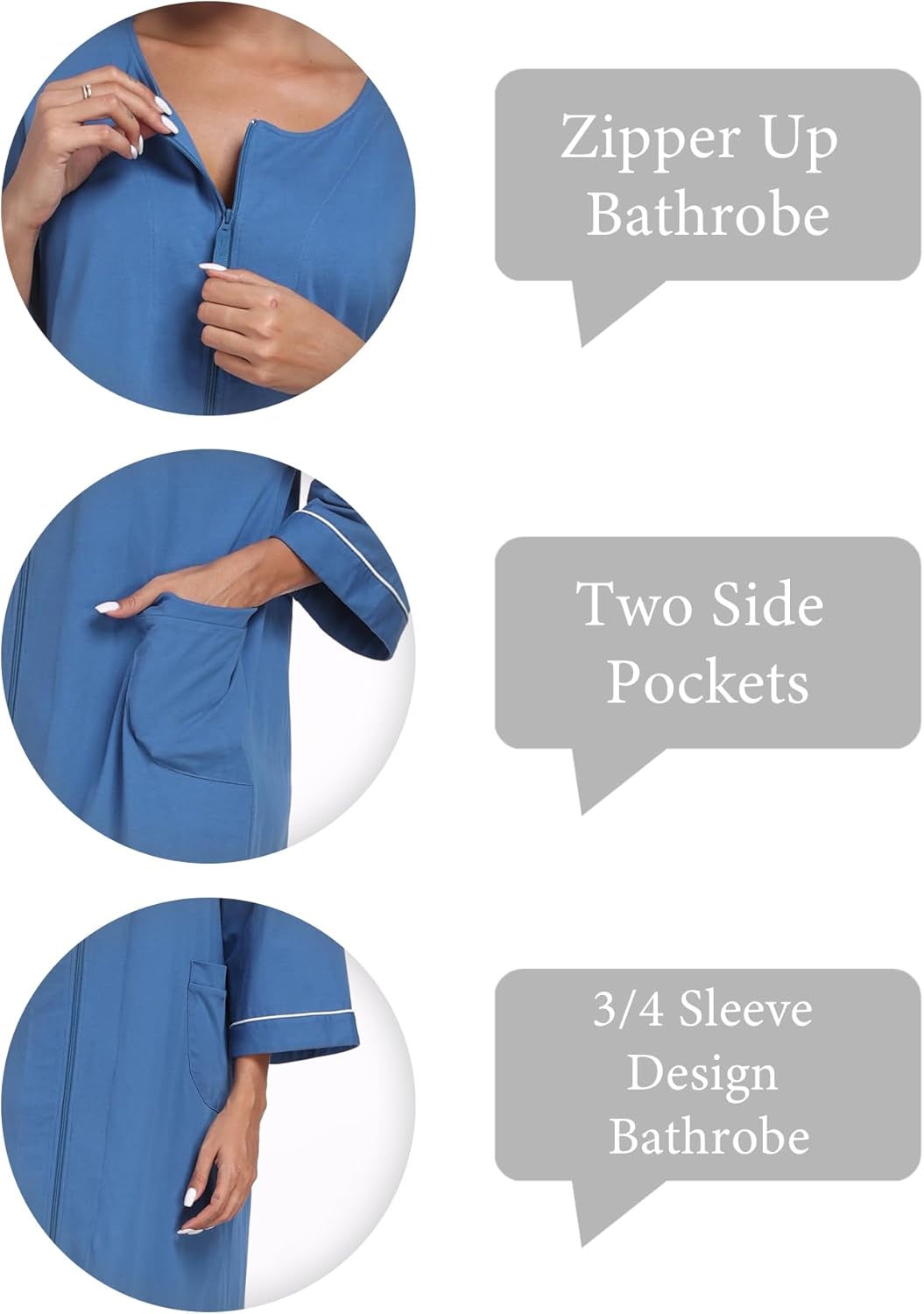 COLORFULLEAF 100% Cotton Zipper Robes for Women 3/4 Sleeve Bathrobe Lightweight with Pockets Loungewear - Image 5