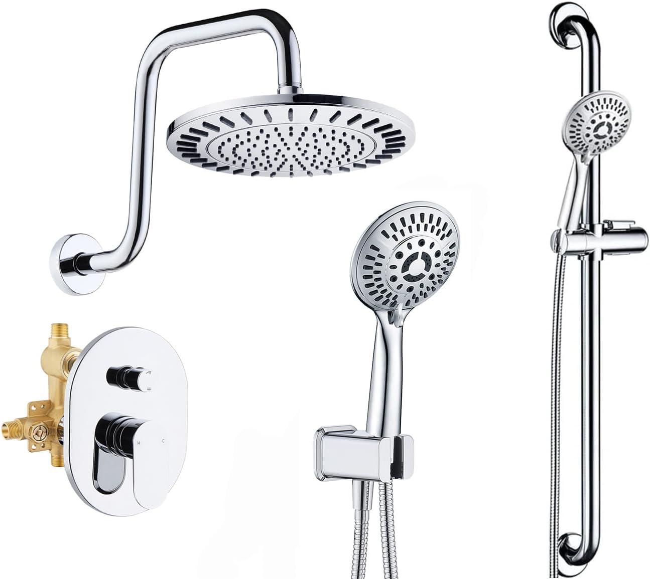 BRIGHT SHOWERS Stainless Steel Grab Bar Set with Rain Shower Head System, Chrome