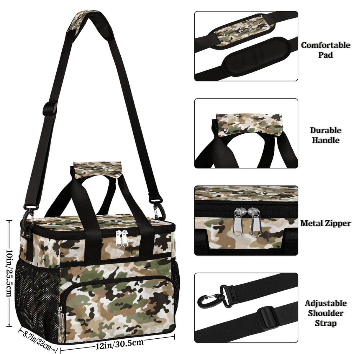 Brown Black Camouflage Insulated Picnic Backpack Lunch Box for Women Men Picnic Basket Tote Lunch Bag Picnic Bag Portable Lunch Bags for Picnic, Beach, Work, Trip,Office, Camp Abstract Military