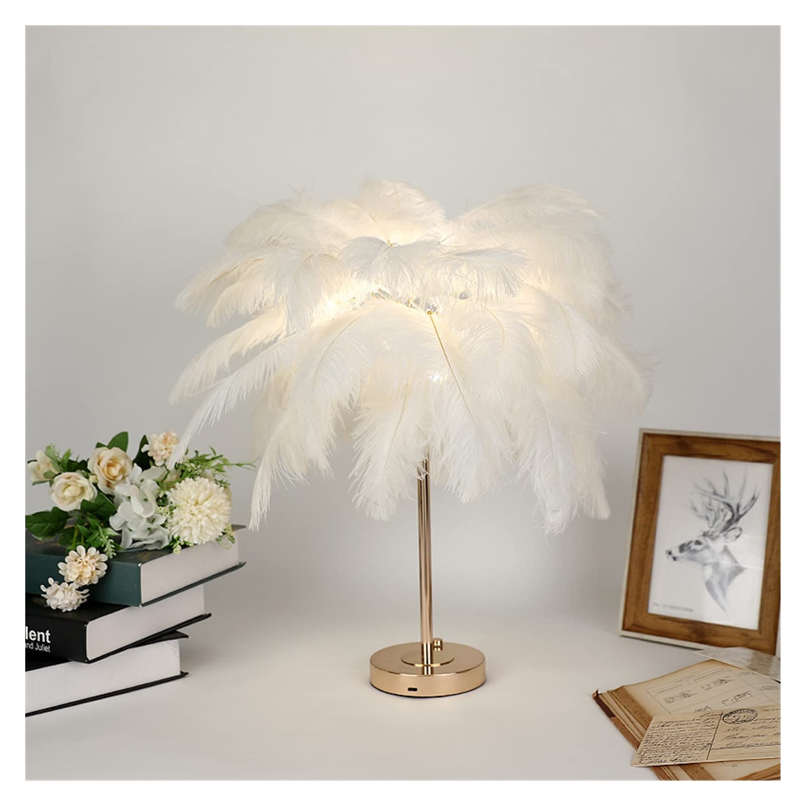 Lampa podłogowa z piórami, sterowanie dotykowe, lampa biurkowa LED z 40 miękkimi piórami, ładowalna zasilanie USB, idealna do dekoracji ślubnej i sypialni, elegancki różowy design