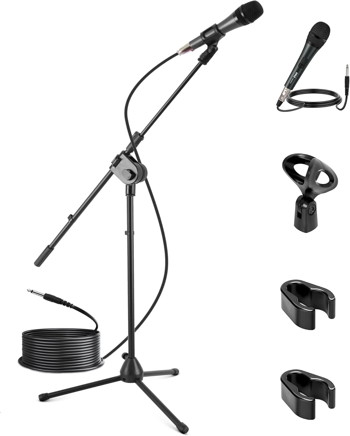 Pyle Dynamic Microphone and Tripod Stand-Height Adjustable from 2.6′ to 5.1 Telescoping Boom Arm Mic Length 7.48” Inch w/Acoustic Pop Filter-Includes 15′ ft XLR Cable PMKSM20, Black