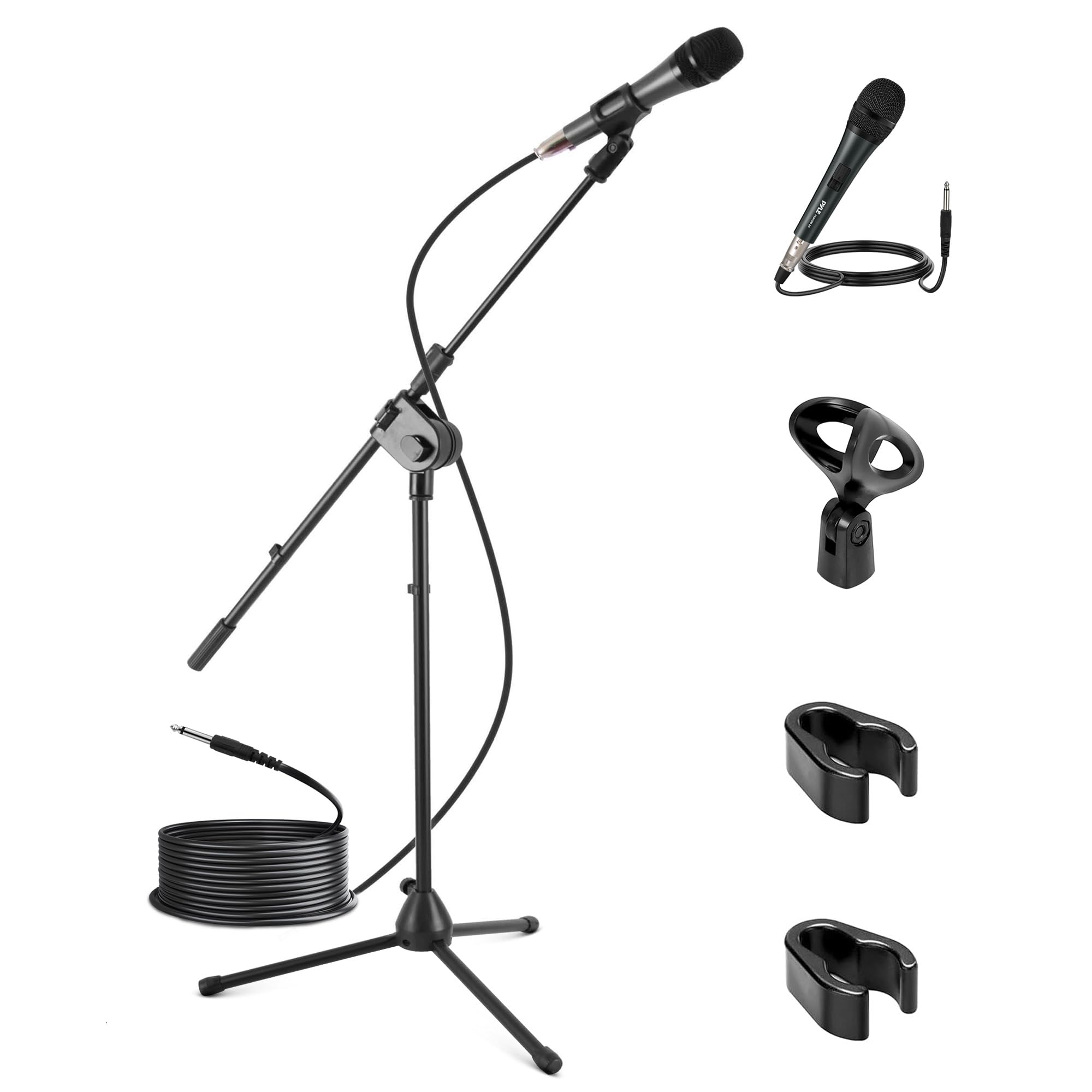 Pyle Dynamic Microphone and Tripod Stand-Height Adjustable from 2.6' to 5.1 Telescoping Boom Arm Mic Length 7.48'' Inch w/Acoustic Pop Filter-Includes 15' ft XLR Cable PMKSM20, Black